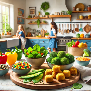 DALL·E 2024-09-18 18.20.30 - A vibrant kitchen scene featuring healthy snacks for children, such as spinach bites, lentil ceviche, and broccoli croquettes, all arranged on a moder